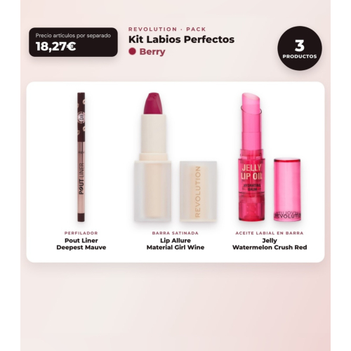 Makeup Revolution - Set de Perfilador de Lábios Pout Liner - Deepest Mauve + Barra de Lábios Satinada Lip Allure - Material Girl Wine + Óleo Labial em Barra Jelly - Watermelon Crush Red
