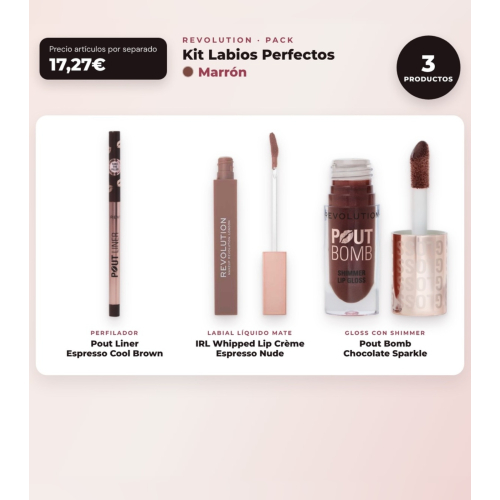 Makeup Revolution - Set de Perfilador de Lábios Pout Liner - Espresso Cool Brown + Labial Líquido IRL Whipped Lip Crème - Espresso Nude + Brilho de Lábios com Shimmer Pout Bomb - Chocolate Sparkle