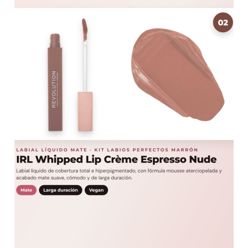 Makeup Revolution - Set de Perfilador de Lábios Pout Liner - Espresso Cool Brown + Labial Líquido IRL Whipped Lip Crème - Espresso Nude + Brilho de Lábios com Shimmer Pout Bomb - Chocolate Sparkle