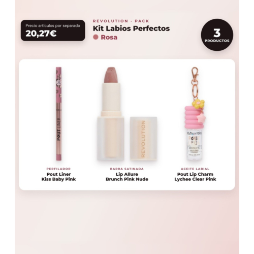 Makeup Revolution - Set de Perfilador de Lábios Pout Liner - Kiss Baby Pink + Barra de Lábios Satinada Lip Allure - Brunch Pink Nude + Óleo Labial Pout Lip Charm - Lychee Clear Pink