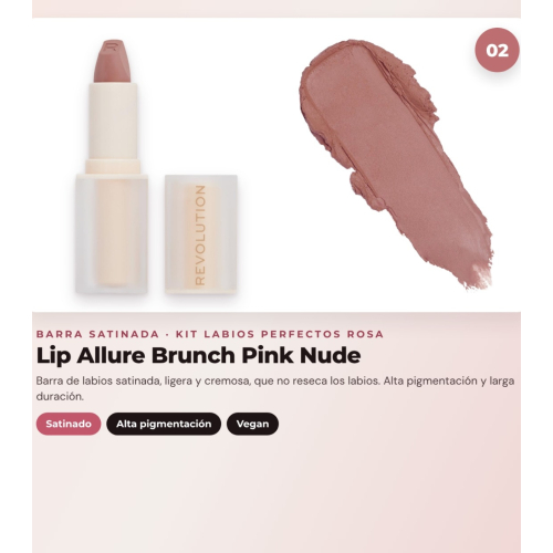 Makeup Revolution - Set de Perfilador de Lábios Pout Liner - Kiss Baby Pink + Barra de Lábios Satinada Lip Allure - Brunch Pink Nude + Óleo Labial Pout Lip Charm - Lychee Clear Pink