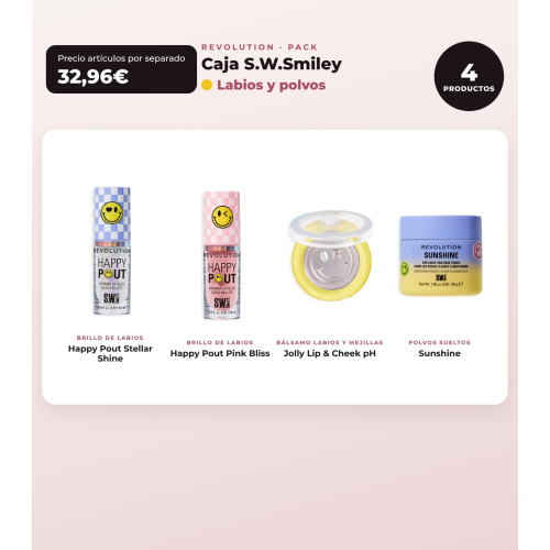 Makeup Revolution - Conjunto *S.W.Smiley* - Brilho labial Stellar Shine + Brilho labial Pink Bliss + Bálsamo para lábios e bochechas pH + Pós soltos Sunshine