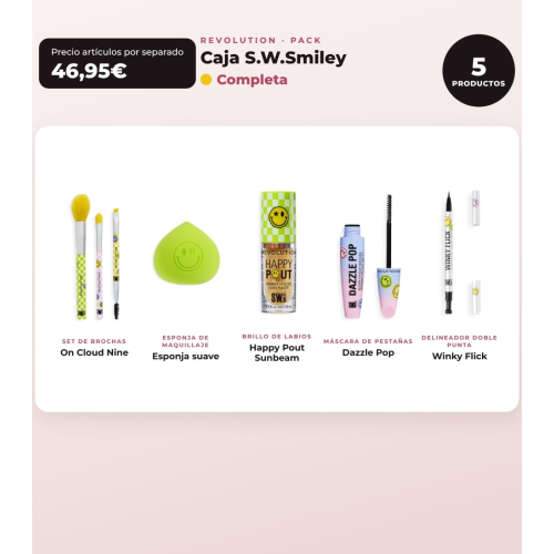 Makeup Revolution - Conjunto *S.W.Smiley* - Pincéis On Cloud Nine + Esponja de maquilhagem suave + Brilho labial Happy Pout + Máscara de pestanas Dazzle Pop + Delineador de olhos Winky Flick Double-Ended