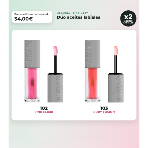 Mesauda - Pack dúo aceite labial Lipoilogy - 102: Pink Elixir + 103: Ruby Fusion