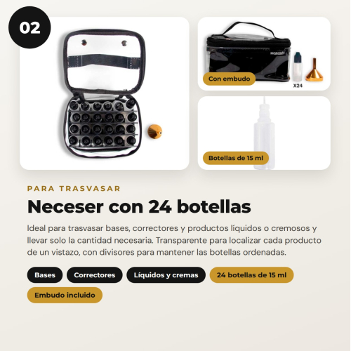 MQBeauty - Pack de Maquilhador com Avental, Necessaire Transparente de 24 Frascos e Bolsa para Pincéis para Maquilhadores Profissionais e Estudantes