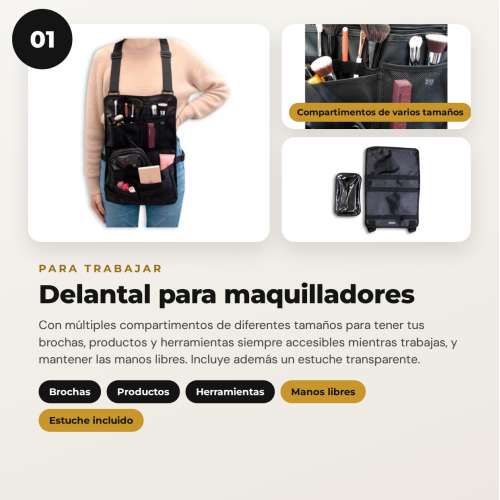 MQBeauty - Pack de Maquilhador com Avental, Necessaire Transparente de 24 Frascos e Bolsa para Pincéis para Maquilhadores Profissionais e Estudantes
