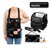 MQBeauty - Pack de Maquilhador com Avental, Necessaire Transparente de 24 Frascos e Bolsa para Pincéis para Maquilhadores Profissionais e Estudantes