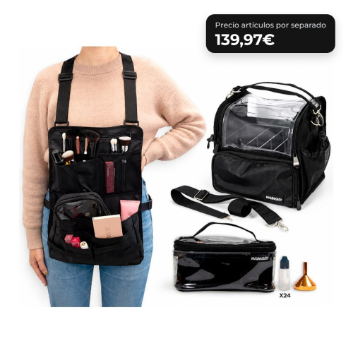 MQBeauty - Pack de Maquilhador com Avental, Necessaire Transparente de 24 Frascos e Bolsa para Pincéis para Maquilhadores Profissionais e Estudantes