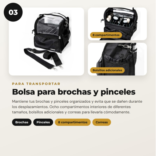 MQBeauty - Pack de Maquilhador com Avental, Necessaire Transparente de 24 Frascos e Bolsa para Pincéis para Maquilhadores Profissionais e Estudantes