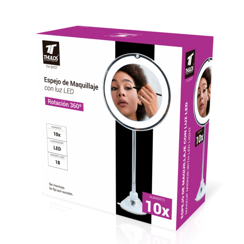 Thulos - Espelho de maquiagem 360° com iluminação LED TH-BY07