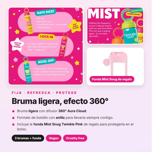 Trouble Maker - Pack 3 Brumas Fijadoras de Maquilhagem Lock In, Kool Off e SPF50 Raye Daze