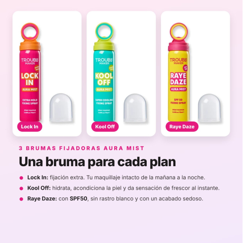 Trouble Maker - Pack 3 Brumas Fijadoras de Maquilhagem Lock In, Kool Off e SPF50 Raye Daze