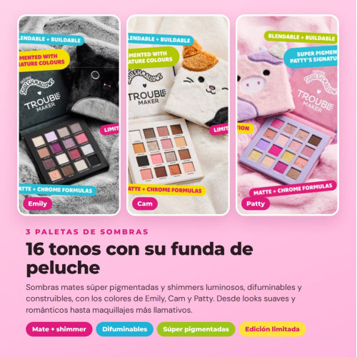 Trouble Maker x Squishmallows - Coleção Completa Edição Limitada - 14 Produtos: 3 Paletas de Sombras + Máscara de Pestanas + 3 Óleos Labiais + 3 Brilhos de Lábios + 4 Brumas Faciais