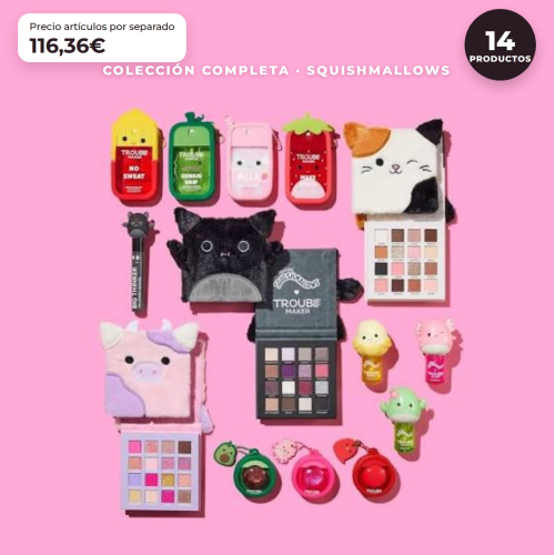 Trouble Maker x Squishmallows - Coleção Completa Edição Limitada - 14 Produtos: 3 Paletas de Sombras + Máscara de Pestanas + 3 Óleos Labiais + 3 Brilhos de Lábios + 4 Brumas Faciais